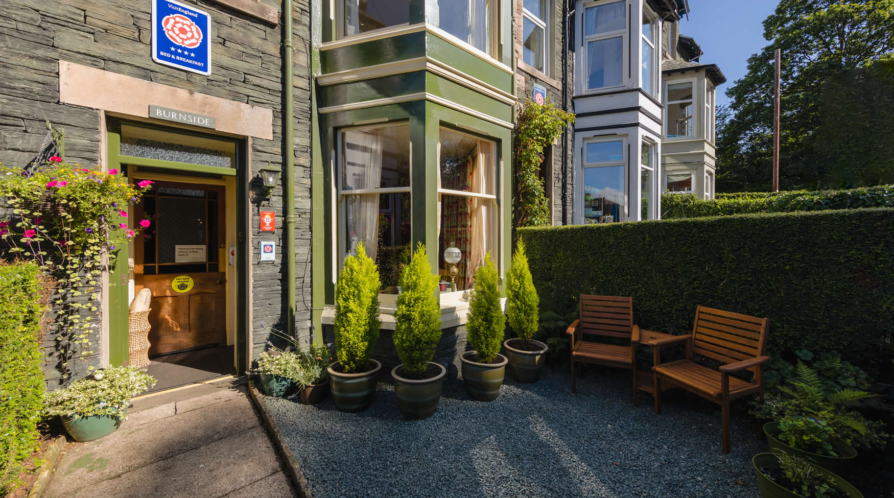 Burnside bed and breakfast, stone facade with front garden in Keswick