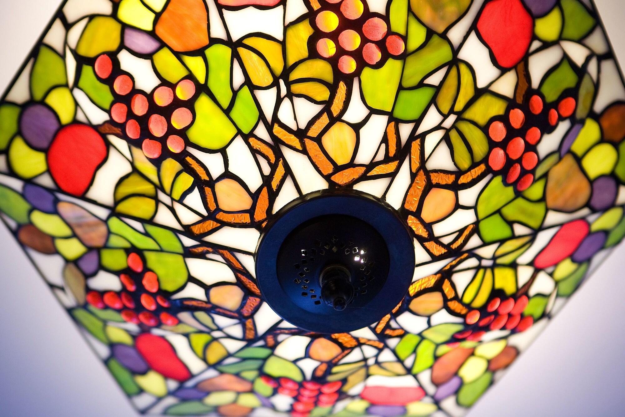 Tiffany-style stained glass ceiling light, one of the period details inside Burnside
